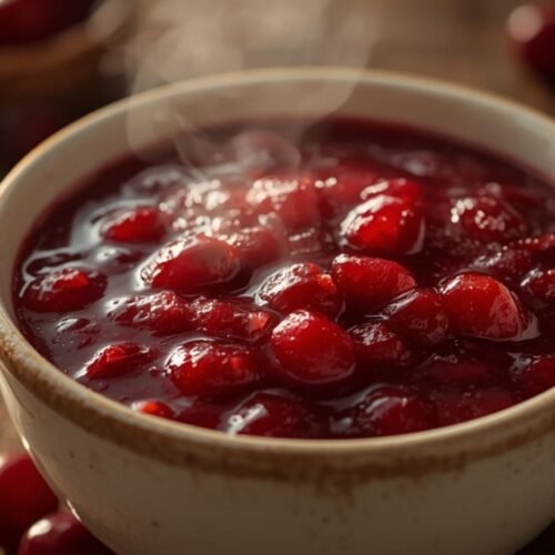 A rustic white bowl filled with glistening homemade cranberry sauce, ready for serving.