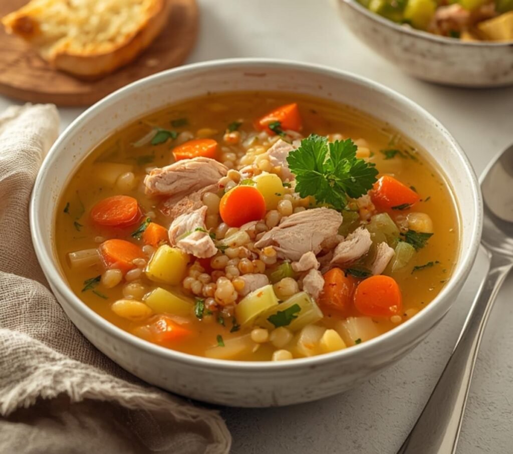 A delicious bowl of hot leftover turkey soup, perfect for a cozy meal.