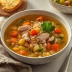A delicious bowl of hot leftover turkey soup, perfect for a cozy meal.