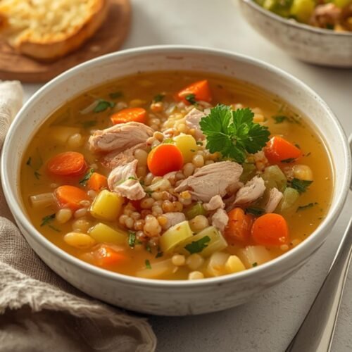 A delicious bowl of hot leftover turkey soup, perfect for a cozy meal.